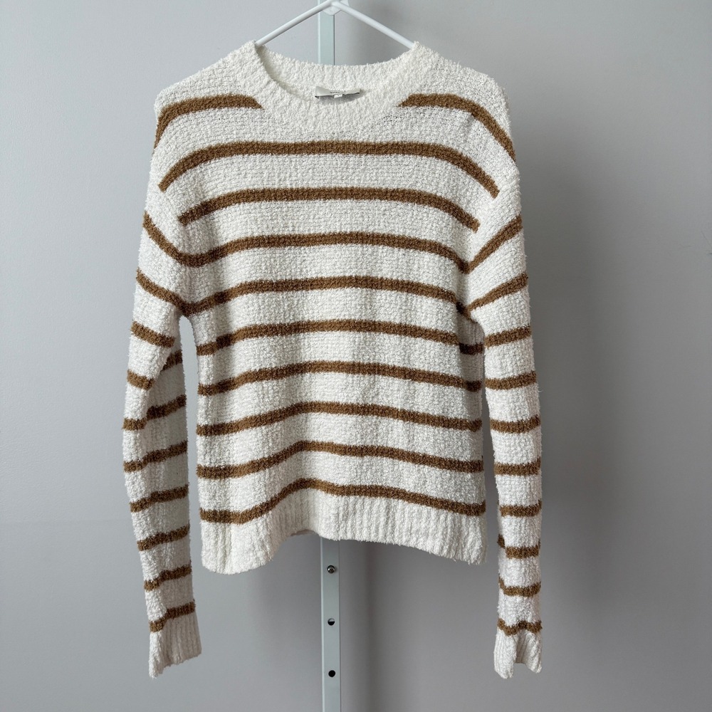 Vince S White Brown Striped Boucle Sweater Cotton Pullover Fisherman Preppy
